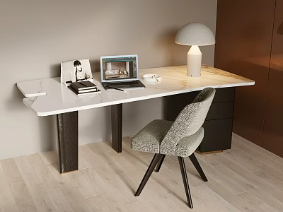 Modern Desk with White Marble Top Laptop Lamp Books Photo Frame and Grey Upholstered Chair 3d model