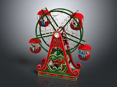 Colorful Decorative Ferris Wheel With Red Cabins Green Frame And Ornate Base 3d model