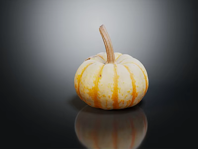 Fresh Yellow And Orange Striped Pumpkin With Stem On Black Background 3d model
