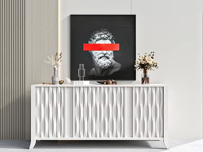 White Entryway Console Cabinet With Geometric Texture Decorative Vases And Wall Art 3d model