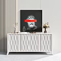 White Entryway Console Cabinet With Geometric Texture Decorative Vases And Wall Art