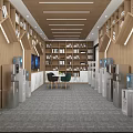 Modern Office Lounge With Wooden Bookshelves Water Dispensers Tables And Green Chairs