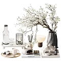 Decorative Ornament Set with White Flower Branches Metal Frame Decor Table Lamp and Vase
