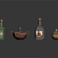 Decorative Glass And Ceramic Bottles With Painted Designs On Black Reflective Surface