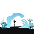 Happy Game Time Logo Scene With Blue Wave Decoration Coral Shells And Person Taking
