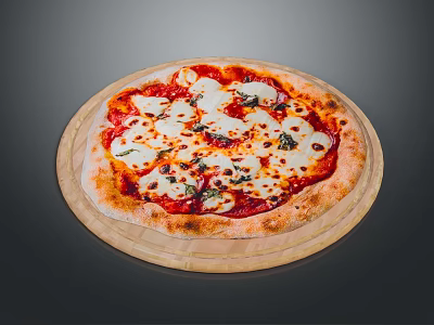Freshly Baked Margherita Pizza with Tomato Sauce Mozzarella and Basil on Wooden Board 3d model