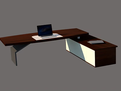 Modern Wooden Office Desk With Laptop White Mouse Pad And Storage Cabinet 3d model