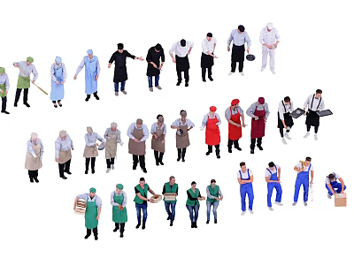 Group of People in Various Work Uniforms Holding Aprons Brooms and Trays Standing Together 3d model