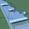 Parking Facility Layout With White Canopies Green Grass Vehicles And Tall Towers