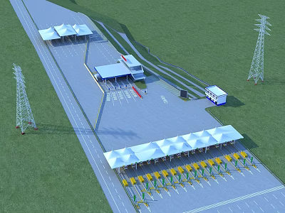 Parking Facility Layout With White Canopies Green Grass Vehicles And Tall Towers 3d model