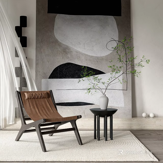 Modern Brown Leather Lounge Chair With Side Table And Green Plant Near Abstract Wall Art 3d model 