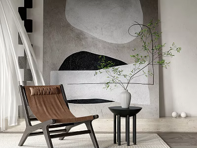 Modern Brown Leather Lounge Chair With Side Table And Green Plant Near Abstract Wall Art 3d model