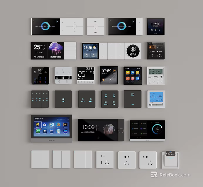 Modern Smart Switch Panels With Digital Displays Temperature Control And Various Button Designs 3d model