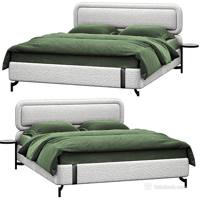 Modern Double Bed with Green Bed Sheets Gray Upholstered Headboard and Side Table 3d model