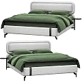 Modern Double Bed with Green Bed Sheets Gray Upholstered Headboard and Side Table 3d model