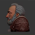 Elderly Man With Gray Hair Beard In Ornate Red Armor 3D Bust With Decorative Shoulders