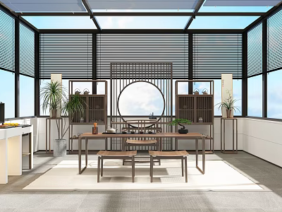 Chinese Style Bright Interior With Large Windows Wooden Table Chairs And Circular Decor 3d model
