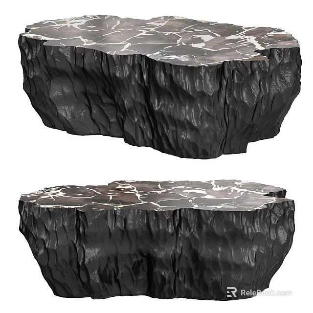 Black Stone Coffee Table With Cracked Texture And Rough Edge For Modern Living Room 3d model 