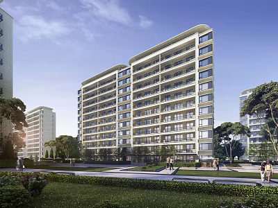 Modern Urban Residential Building Exterior With Greenery Pathways And Pedestrians 3d model