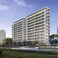 Modern Urban Residential Building Exterior With Greenery Pathways And Pedestrians