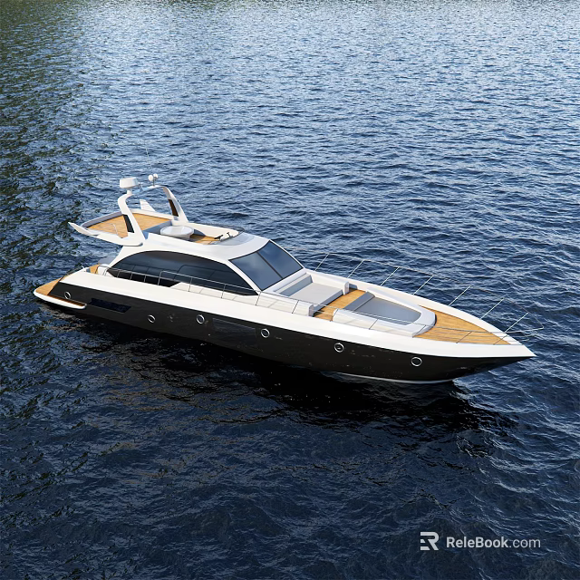 Luxury Modern Yacht Sailing On Calm Blue Water With Wooden Deck 3d model 