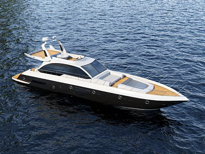 Luxury Modern Yacht Sailing On Calm Blue Water With Wooden Deck 3d model