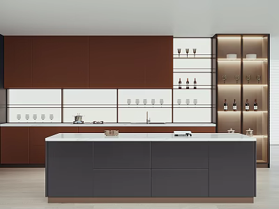 Modern Kitchen Interior Design With Dark Island Counter Brown White Cabinets And Glass Wine Rack 3d model