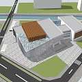 Modern Commercial Complex With Geometric Facade Green Lawn And Street Entrance