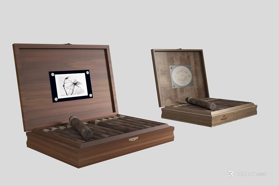 Two Open Wooden Cigar Humidor Boxes With Compartments And Hygrometer Storage 3d model 