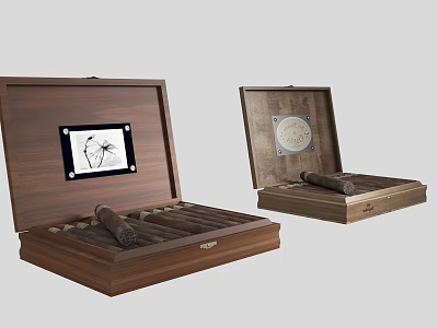 Two Open Wooden Cigar Humidor Boxes With Compartments And Hygrometer Storage 3d model