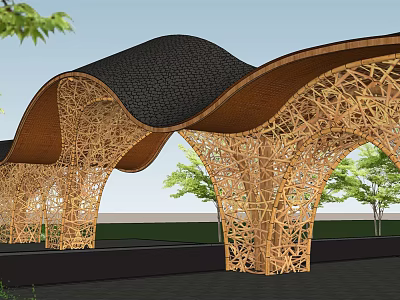 Modern Entrance Gate With Curved Wooden Roof And Openwork Structure Surrounded By Greenery 3d model