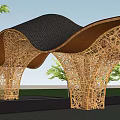 Modern Entrance Gate With Curved Wooden Roof And Openwork Structure Surrounded By Greenery