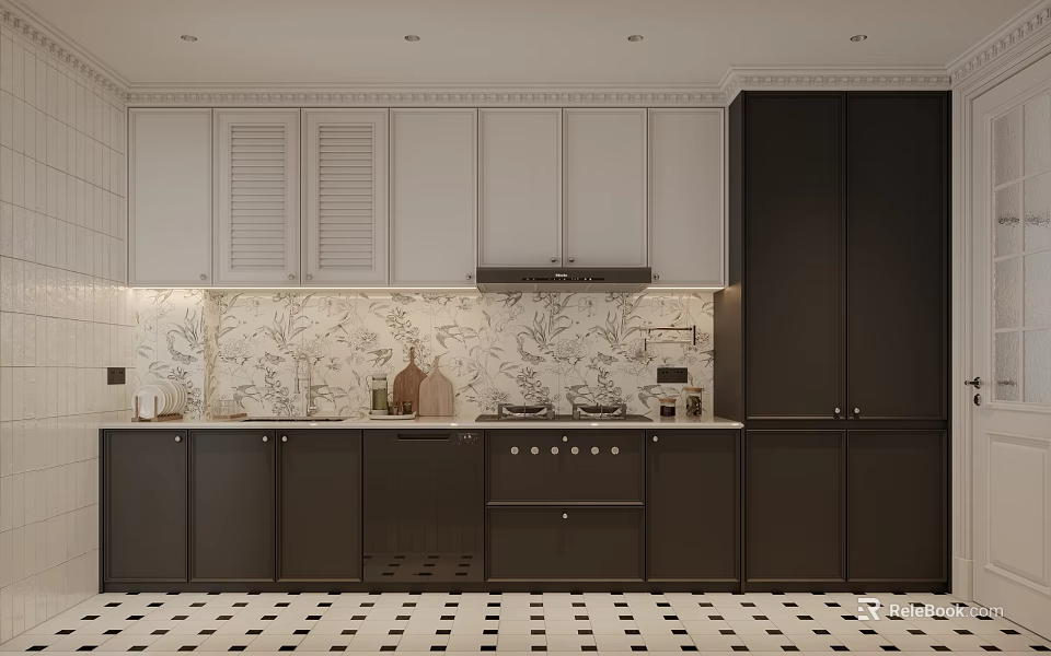 Modern Kitchen Interior With White And Black Cabinets Floral Backsplash And Stove 3d model 