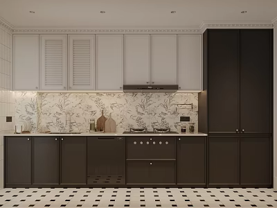 Modern Kitchen Interior With White And Black Cabinets Floral Backsplash And Stove 3d model