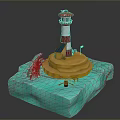 3D Lighthouse Scene With Red White Tower Small House Sandy Beach And Waves
