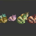 Six Calico Cats With Black White And Orange Fur Sitting On Black Reflective Surface