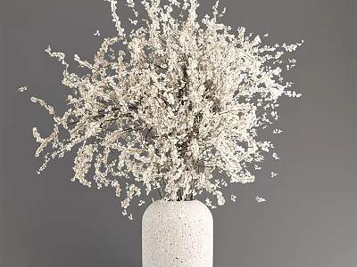 Decorative Potted Plant With Slender Branches White Flowers In White Ceramic Pot 3d model