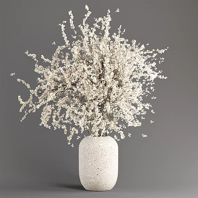 Decorative Potted Plant With Slender Branches White Flowers In White Ceramic Pot 3d model