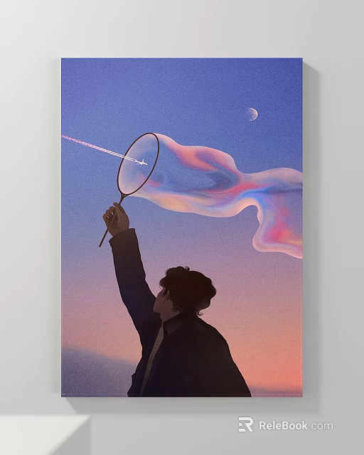 Silhouette of Person Reaching Up with Racket and Colorful Streamer Under Moonlit Sky 3d model 