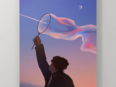 Silhouette of Person Reaching Up with Racket and Colorful Streamer Under Moonlit Sky 3d model