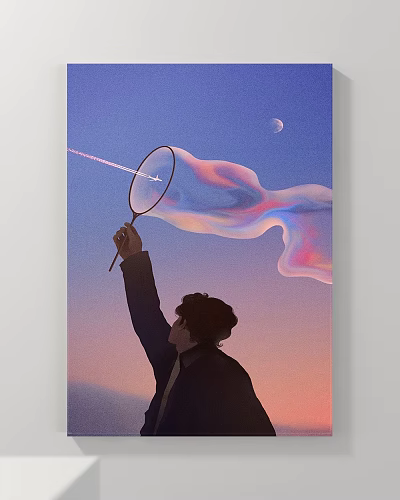 Silhouette of Person Reaching Up with Racket and Colorful Streamer Under Moonlit Sky 3d model