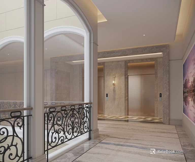 Elegant Elevator Lobby With Marble Floor Metal Doors And Wrought Iron Railing 3d model 