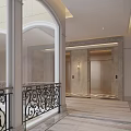 Elegant Elevator Lobby With Marble Floor Metal Doors And Wrought Iron Railing