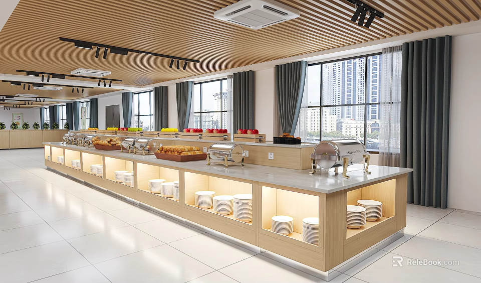 Modern Restaurant Buffet Interior With Wooden Counter Food Displays And Large Windows 3d model 