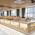 Modern Restaurant Buffet Interior With Wooden Counter Food Displays And Large Windows