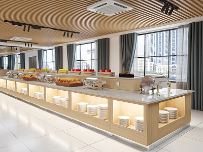 Modern Restaurant Buffet Interior With Wooden Counter Food Displays And Large Windows 3d model
