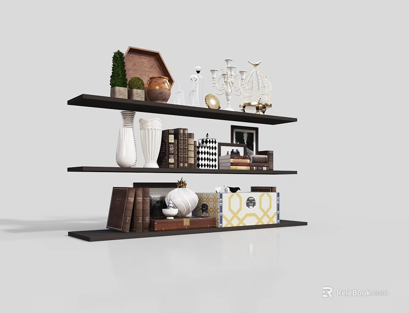 Modern Decorative Ornament Set on Floating Shelves with Vases Books Candlesticks and Storage Boxes 3d model 