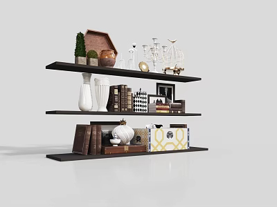 Modern Decorative Ornament Set on Floating Shelves with Vases Books Candlesticks and Storage Boxes 3d model
