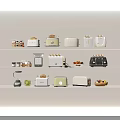 Stylish Kitchen Appliances Display With Assorted Toasters On Shelves And Food
