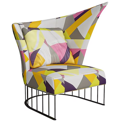 Modern Accent Chair With Colorful Geometric Pattern Fabric And Black Metal Frame 3d model